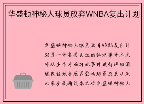 华盛顿神秘人球员放弃WNBA复出计划